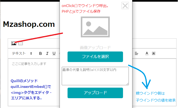 テキストエディタQuill.jsのカスタマイズで画像保存、POST送信の準備、説明画像6